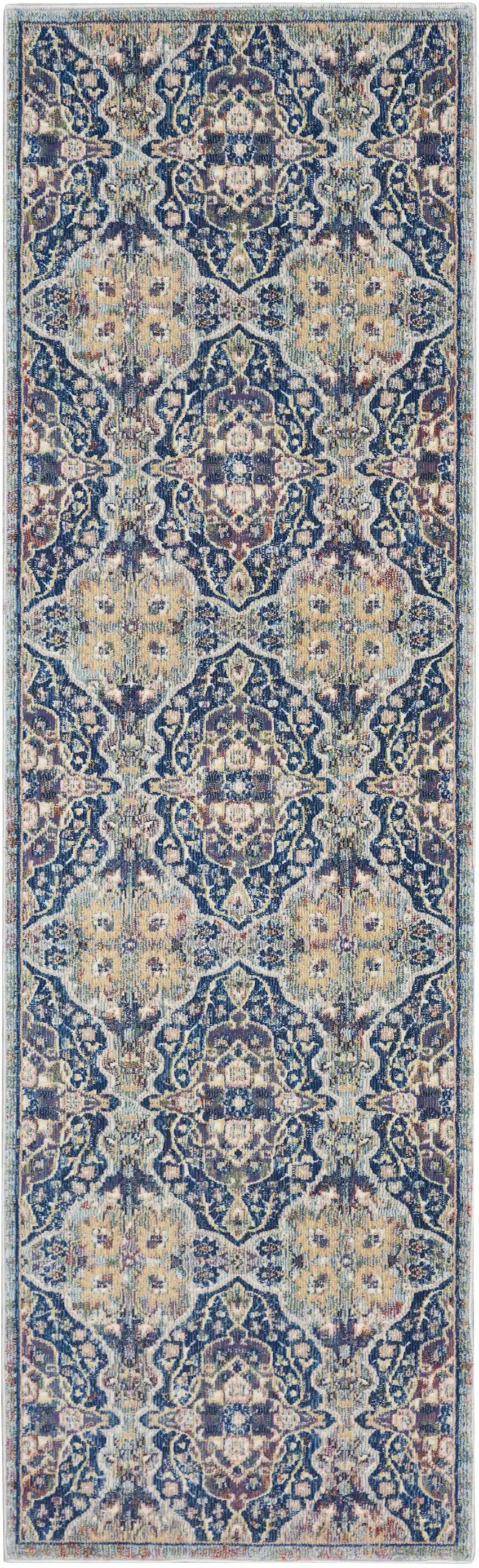 6' Ivory Navy Blue and Yellow Floral Distressed Non Skid Runner Rug Photo 2