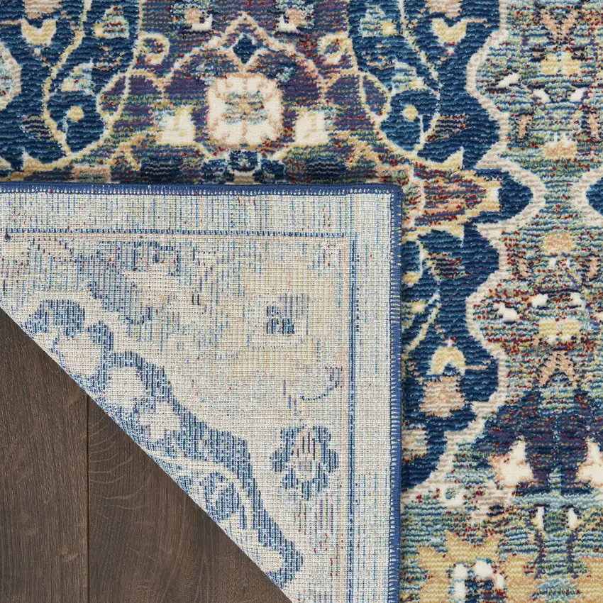 6' Ivory Navy Blue and Yellow Floral Distressed Non Skid Runner Rug Photo 9