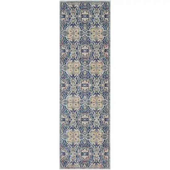 6' Ivory Navy Blue and Yellow Floral Distressed Non Skid Runner Rug Photo 8