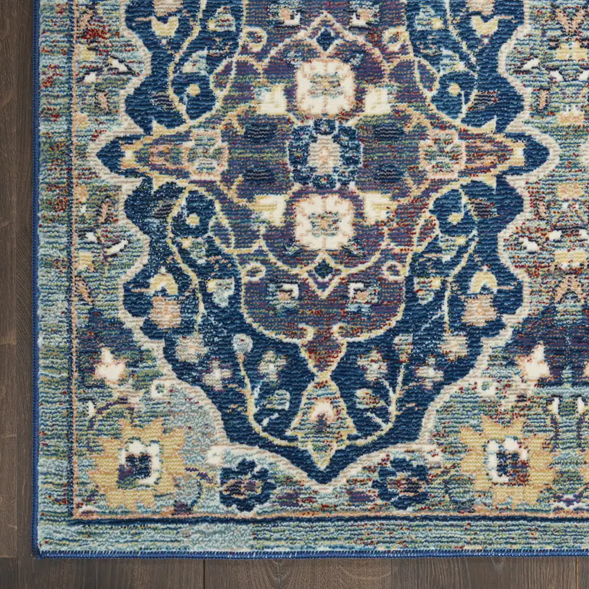6' Ivory Navy Blue and Yellow Floral Distressed Non Skid Runner Rug Photo 4