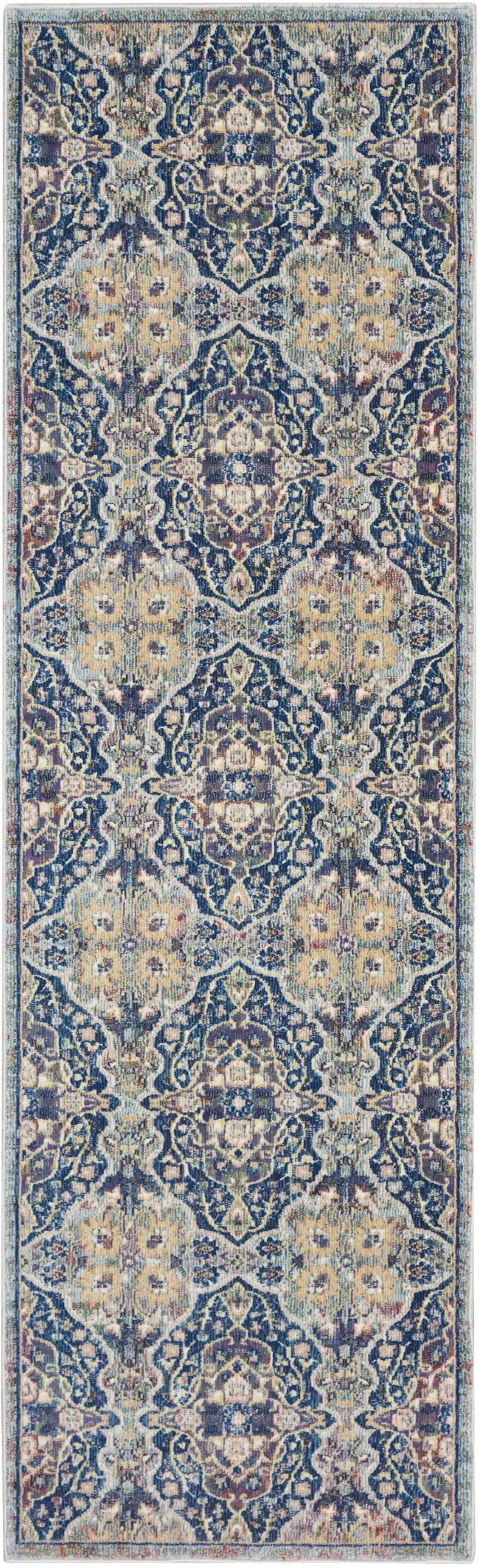 8' Ivory Navy Blue and Yellow Floral Distressed Non Skid Runner Rug Photo 1