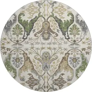 Photo of 8' Ivory Olive Green And Brown Floral Washable Round Rug With UV Protection