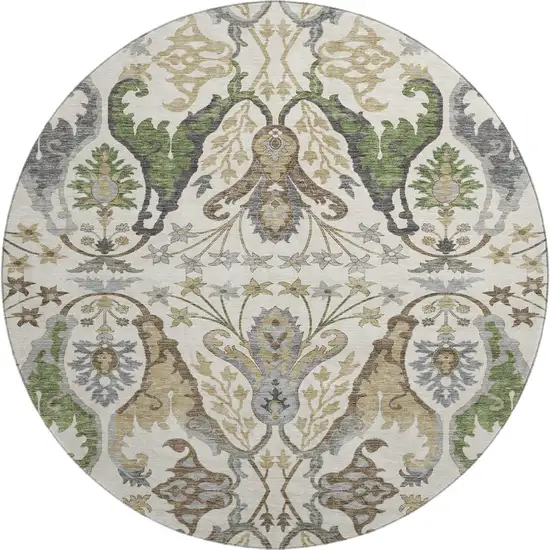 8' Ivory Olive Green And Brown Floral Washable Round Rug With UV Protection Photo 1