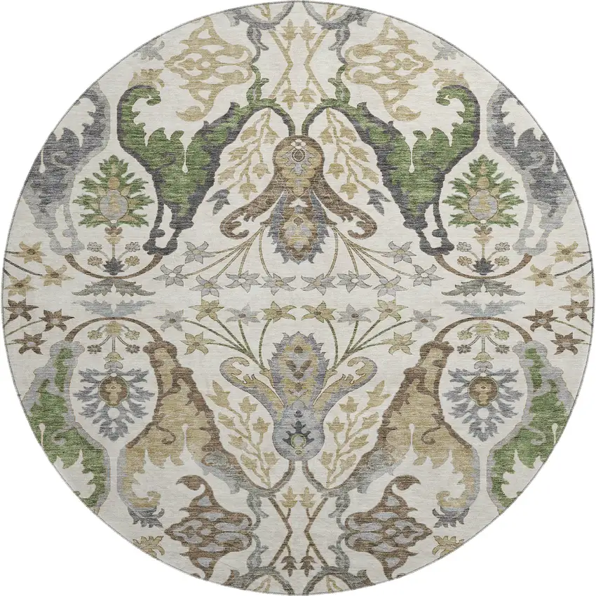 8' Ivory Olive Green And Brown Floral Washable Round Rug With UV Protection Photo 1
