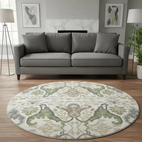 8' Ivory Olive Green And Brown Floral Washable Round Rug With UV Protection Photo 2