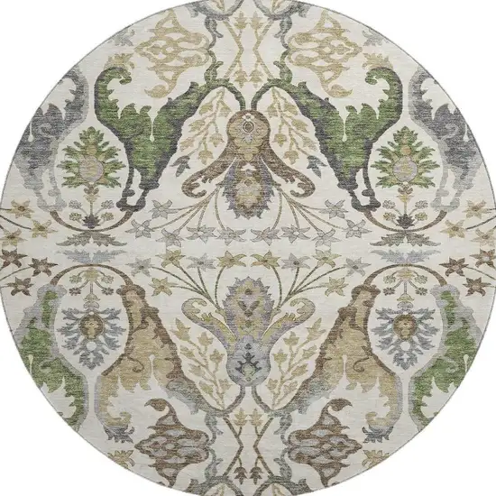 8' Ivory Olive Green And Brown Floral Washable Round Rug With UV Protection Photo 3