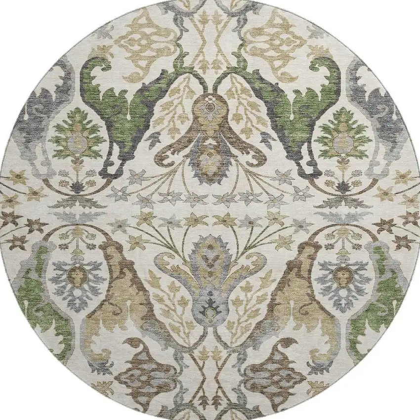 8' Ivory Olive Green And Brown Floral Washable Round Rug With UV Protection Photo 3