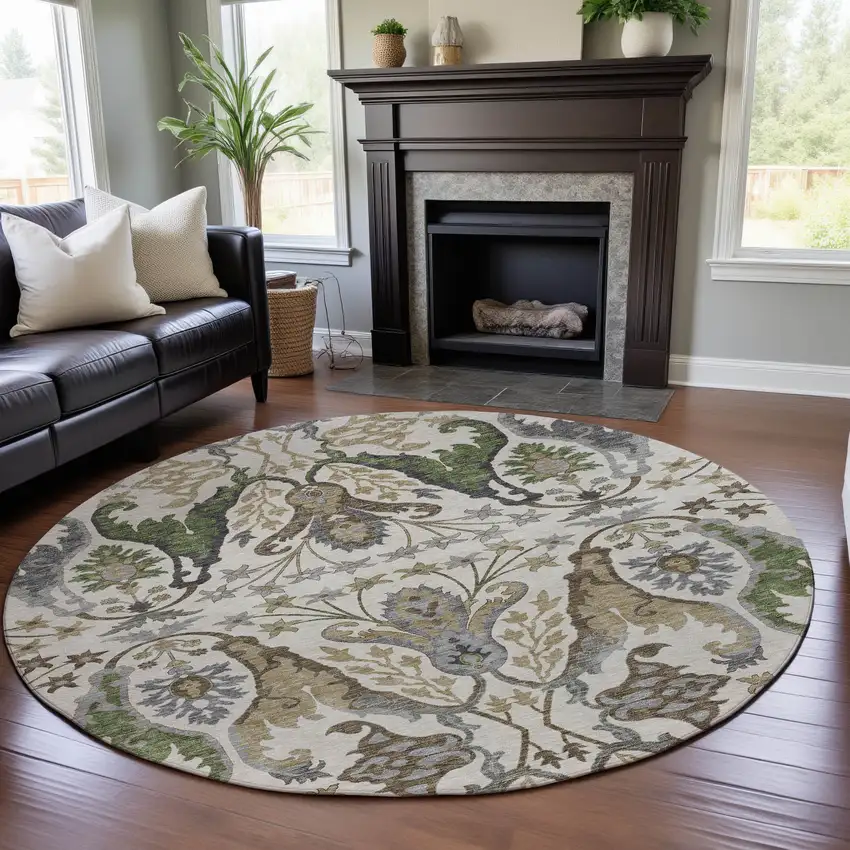 8' Ivory Olive Green And Brown Floral Washable Round Rug With UV Protection Photo 4