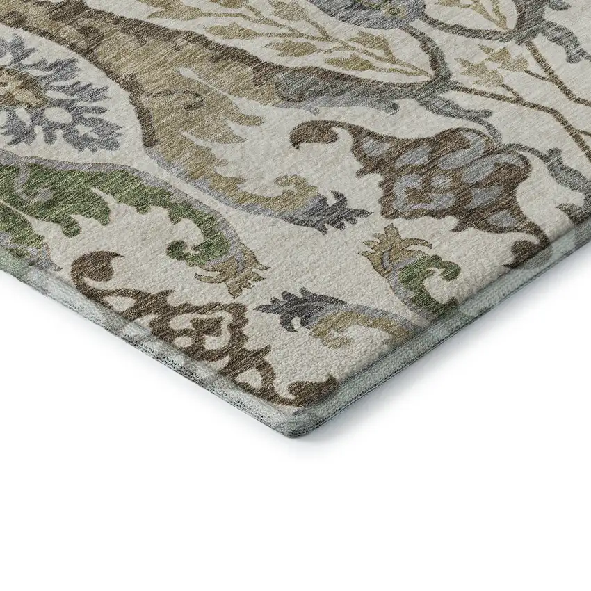 8' Ivory Olive Green And Brown Floral Washable Round Rug With UV Protection Photo 6