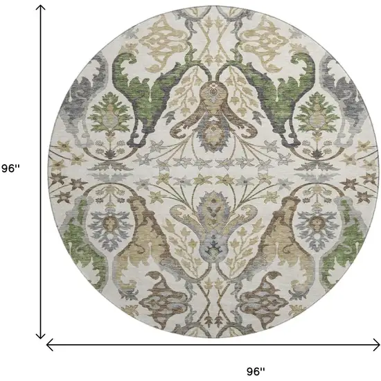 8' Ivory Olive Green And Brown Floral Washable Round Rug With UV Protection Photo 9