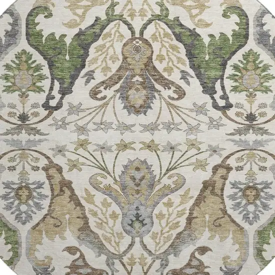 8' Ivory Olive Green And Brown Floral Washable Round Rug With UV Protection Photo 2