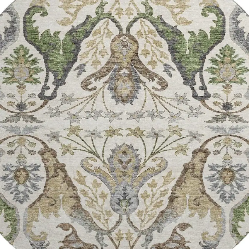 8' Ivory Olive Green And Brown Floral Washable Round Rug With UV Protection Photo 2