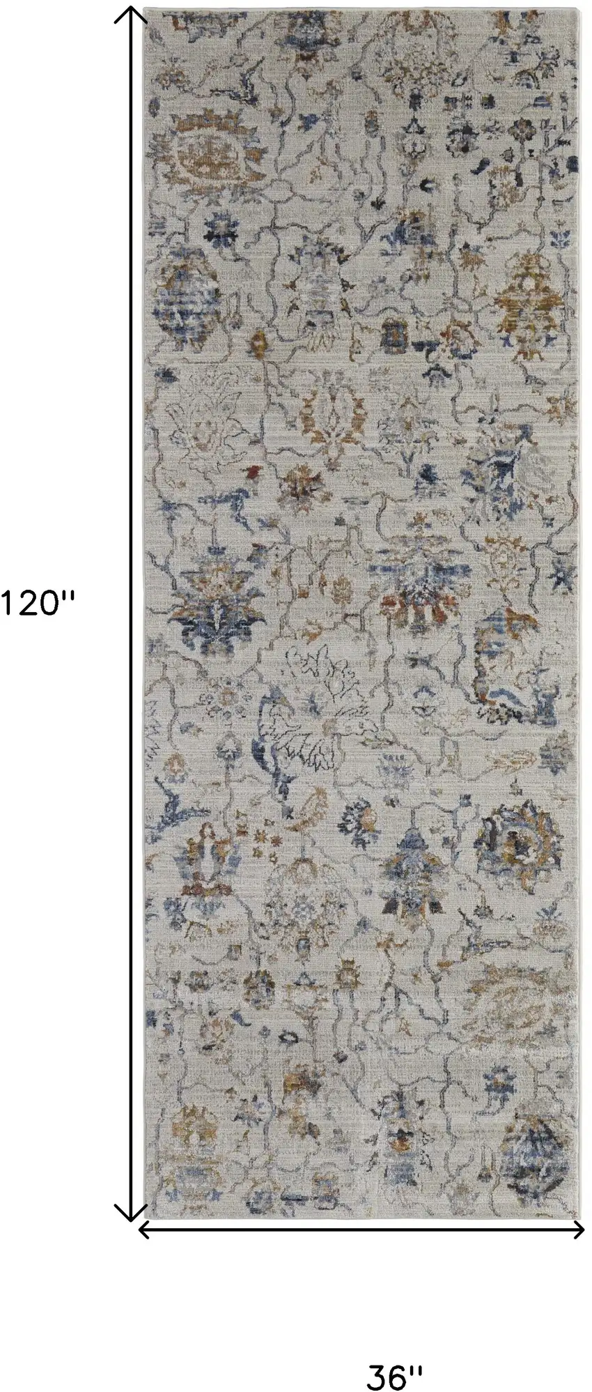 10' Ivory Orange And Blue Floral Power Loom Distressed Runner Rug With Fringe Photo 7