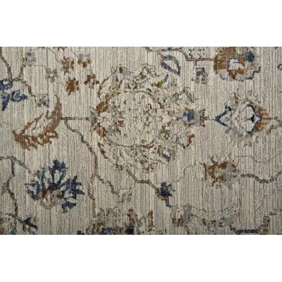 12' Ivory Orange And Blue Floral Power Loom Distressed Runner Rug With Fringe Photo 6