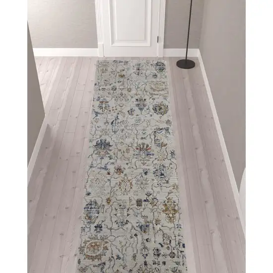 12' Ivory Orange And Blue Floral Power Loom Distressed Runner Rug With Fringe Photo 2