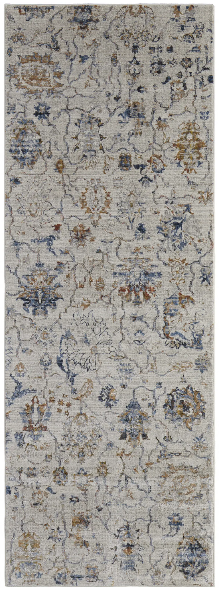 12' Ivory Orange And Blue Floral Power Loom Distressed Runner Rug With Fringe Photo 5