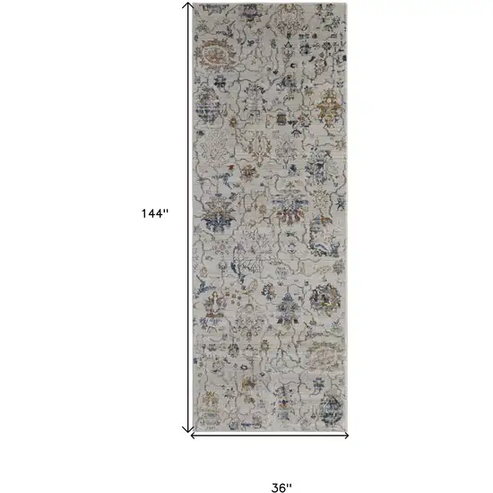 12' Ivory Orange And Blue Floral Power Loom Distressed Runner Rug With Fringe Photo 5