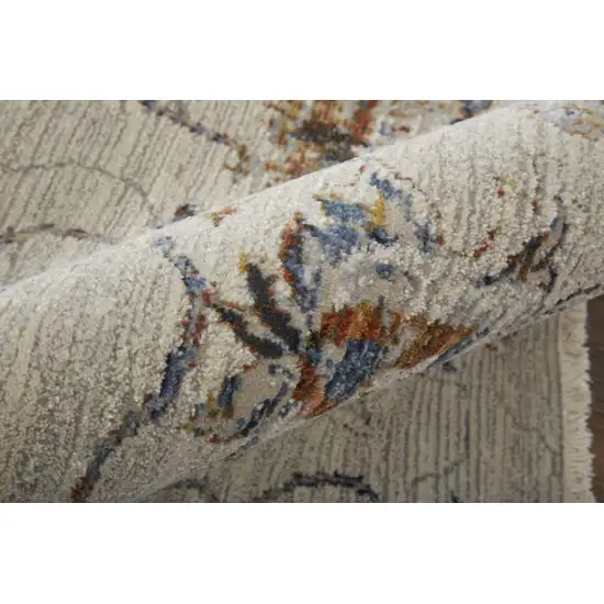 12' Ivory Orange And Blue Floral Power Loom Distressed Runner Rug With Fringe Photo 3