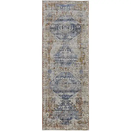 8' Ivory Orange And Blue Floral Power Loom Distressed Runner Rug With Fringe Photo 1