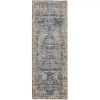 Photo of 8' Ivory Orange And Blue Floral Power Loom Distressed Runner Rug With Fringe