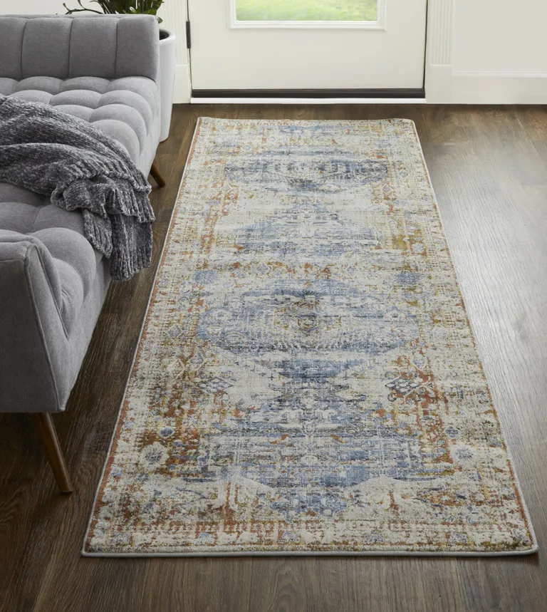 8' Ivory Orange And Blue Floral Power Loom Distressed Runner Rug With Fringe Photo 3