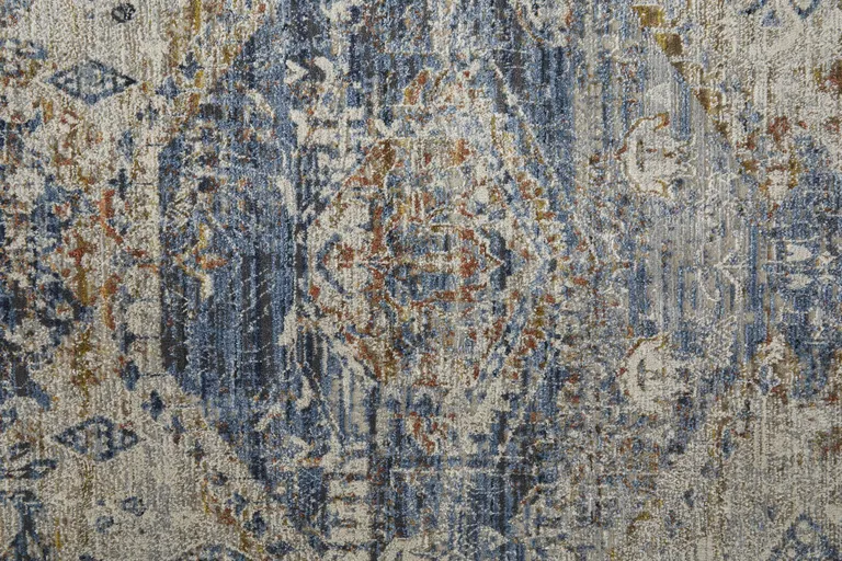 8' Ivory Orange And Blue Floral Power Loom Distressed Runner Rug With Fringe Photo 5