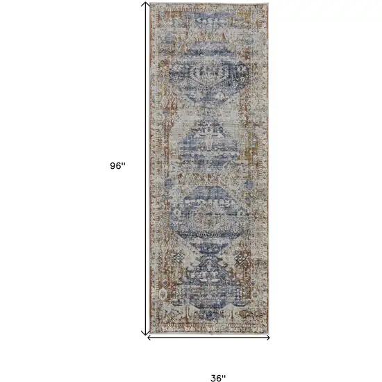 8' Ivory Orange And Blue Floral Power Loom Distressed Runner Rug With Fringe Photo 7