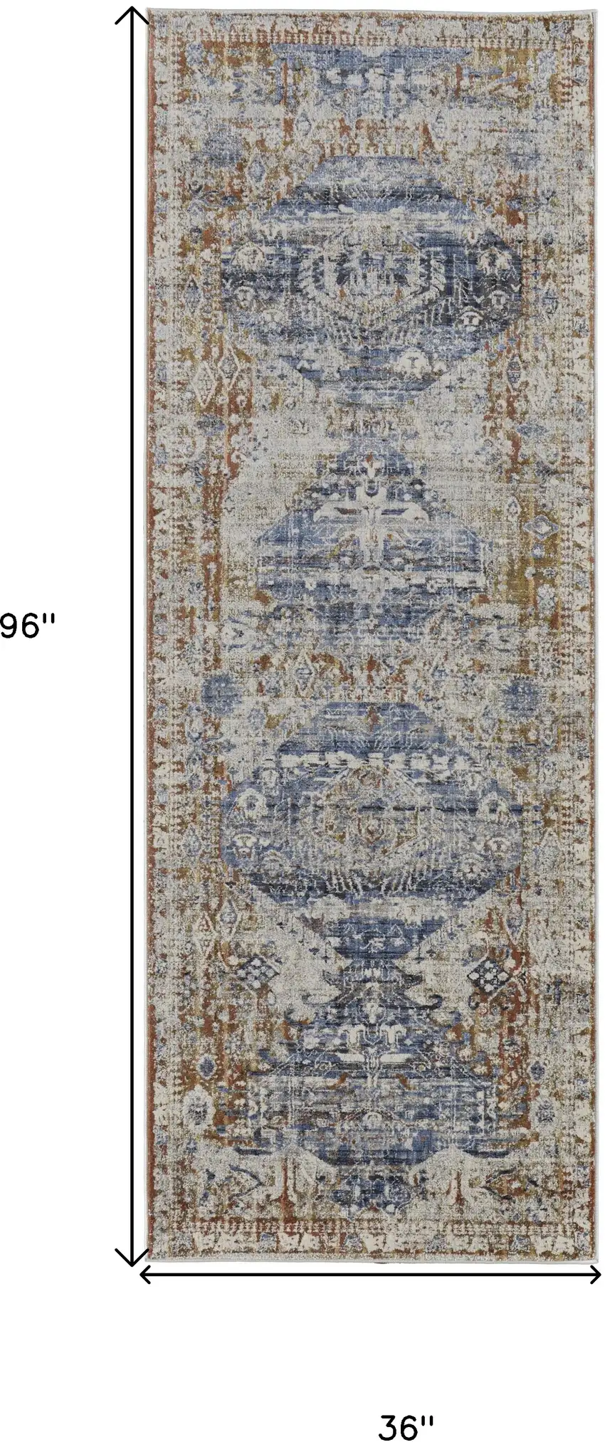 8' Ivory Orange And Blue Floral Power Loom Distressed Runner Rug With Fringe Photo 7