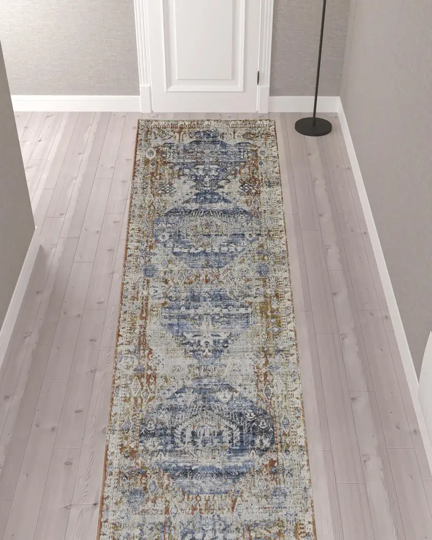 12' Ivory Orange And Blue Floral Power Loom Distressed Runner Rug With Fringe Photo 2