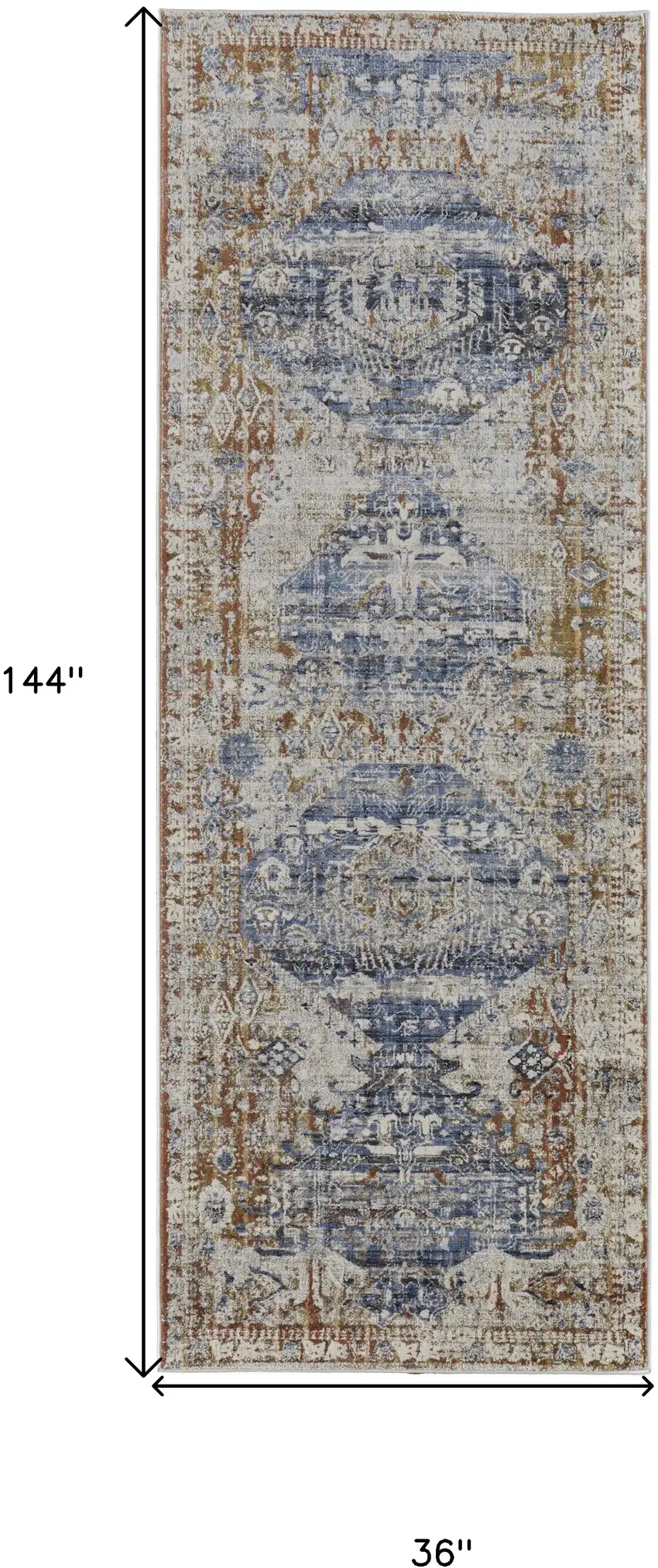 12' Ivory Orange And Blue Floral Power Loom Distressed Runner Rug With Fringe Photo 4