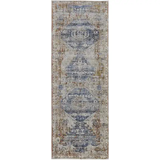 12' Ivory Orange And Blue Floral Power Loom Distressed Runner Rug With Fringe Photo 1