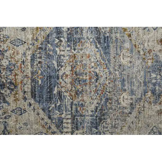 12' Ivory Orange And Blue Floral Power Loom Distressed Runner Rug With Fringe Photo 6