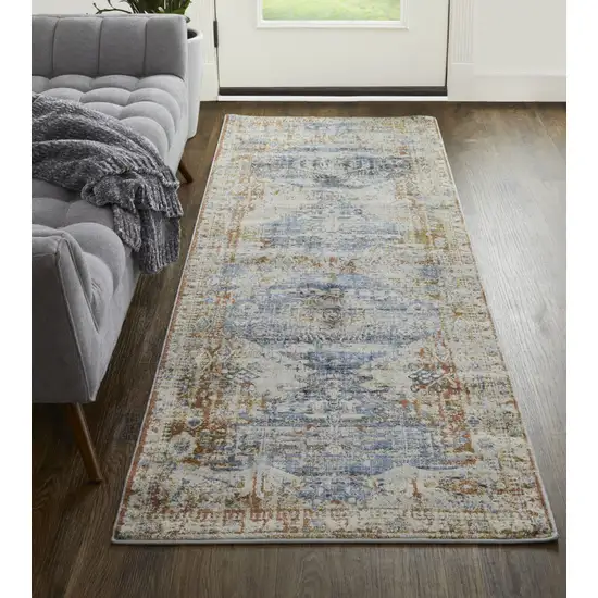 12' Ivory Orange And Blue Floral Power Loom Distressed Runner Rug With Fringe Photo 3