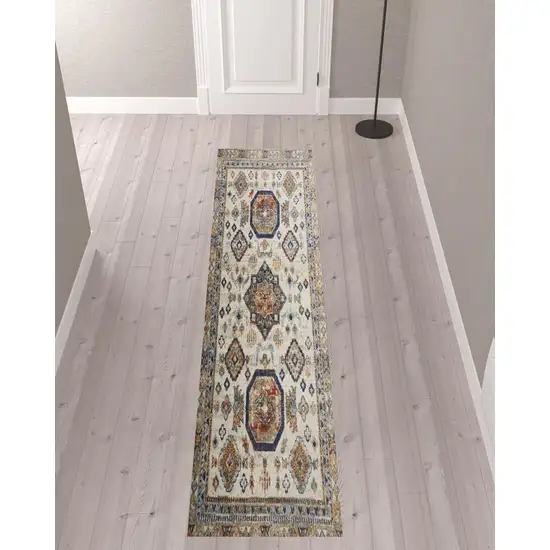 10' Ivory Orange And Blue Floral Stain Resistant Runner Rug Photo 2