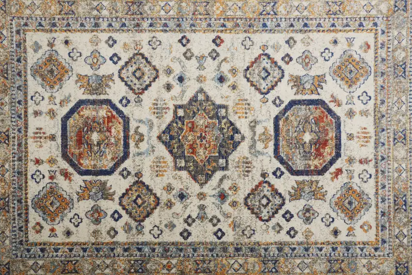 8' Ivory Orange And Blue Round Floral Stain Resistant Area Rug Photo 4