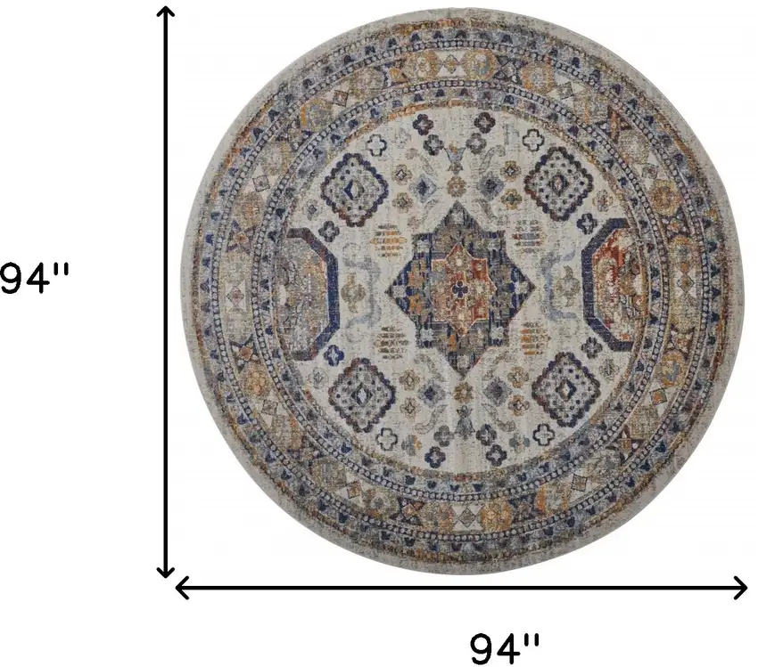 8' Ivory Orange And Blue Round Floral Stain Resistant Area Rug Photo 7