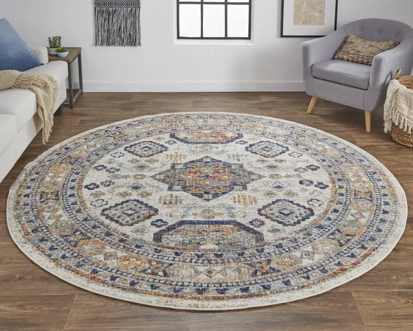 8' Ivory Orange And Blue Round Floral Stain Resistant Area Rug Photo 6