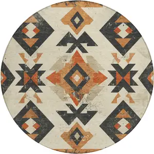 Photo of 8' Ivory Orange And Charcoal Round Aztec Washable Indoor Outdoor Area Rug