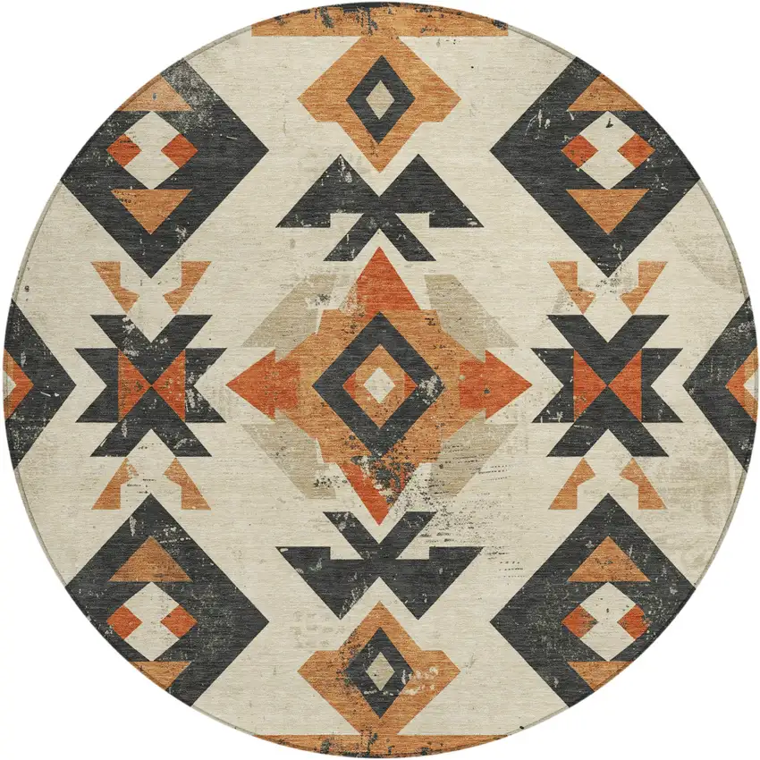 8' Ivory Orange And Charcoal Round Aztec Washable Indoor Outdoor Area Rug Photo 1