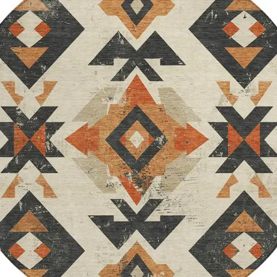8' Ivory Orange And Charcoal Round Aztec Washable Indoor Outdoor Area Rug Photo 4