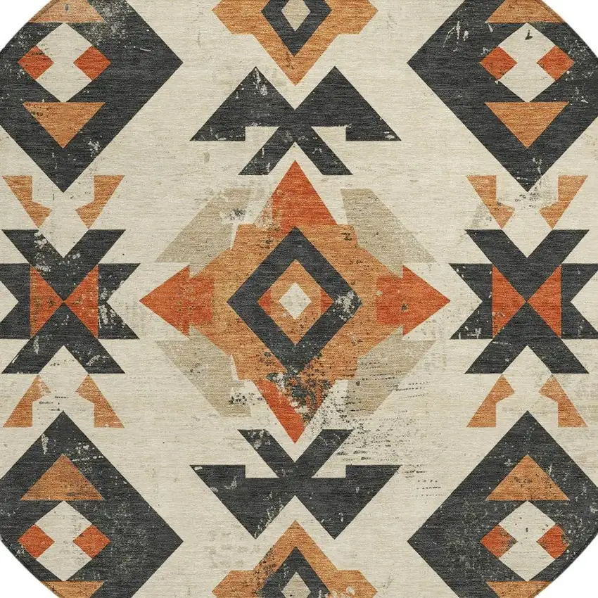 8' Ivory Orange And Charcoal Round Aztec Washable Indoor Outdoor Area Rug Photo 4