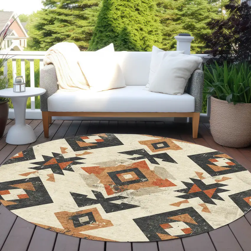 8' Ivory Orange And Charcoal Round Aztec Washable Indoor Outdoor Area Rug Photo 6