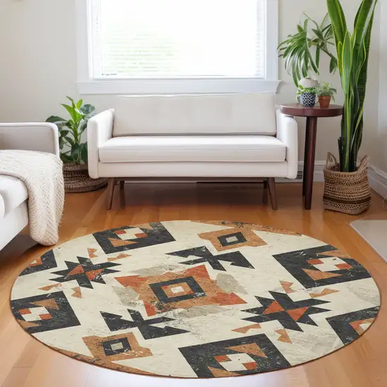 8' Ivory Orange And Charcoal Round Aztec Washable Indoor Outdoor Area Rug Photo 7