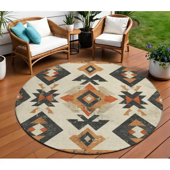 8' Ivory Orange And Charcoal Round Aztec Washable Indoor Outdoor Area Rug Photo 2
