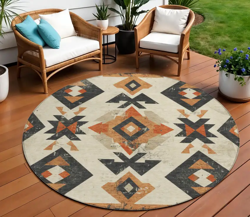 8' Ivory Orange And Charcoal Round Aztec Washable Indoor Outdoor Area Rug Photo 2