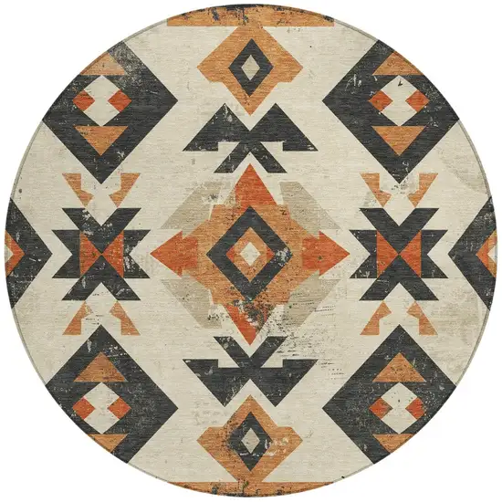 8' Ivory Orange And Charcoal Round Aztec Washable Indoor Outdoor Area Rug Photo 3