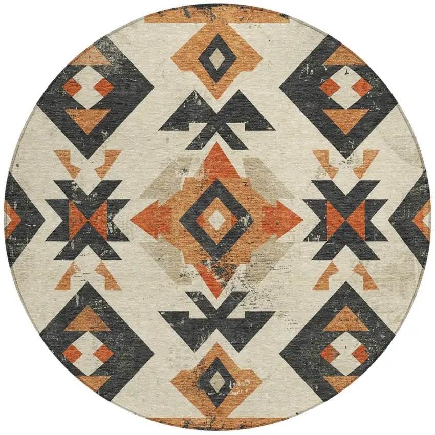 8' Ivory Orange And Charcoal Round Aztec Washable Indoor Outdoor Area Rug Photo 3