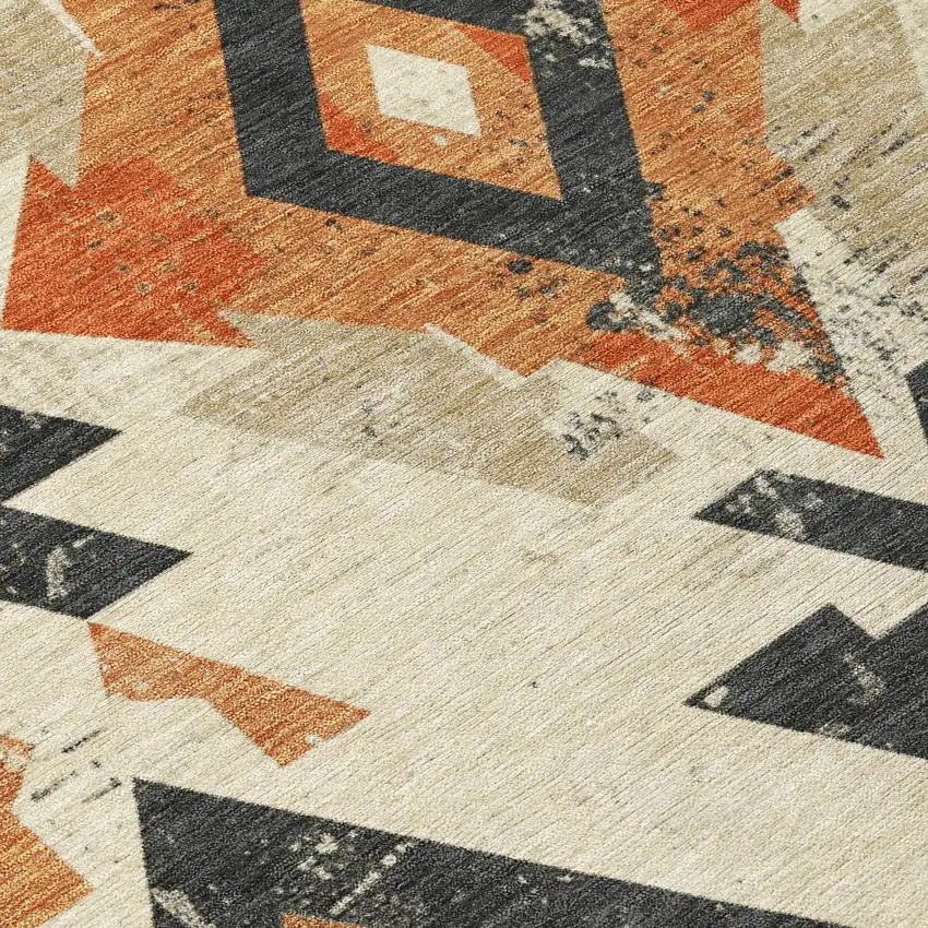 8' Ivory Orange And Charcoal Round Aztec Washable Indoor Outdoor Area Rug Photo 9