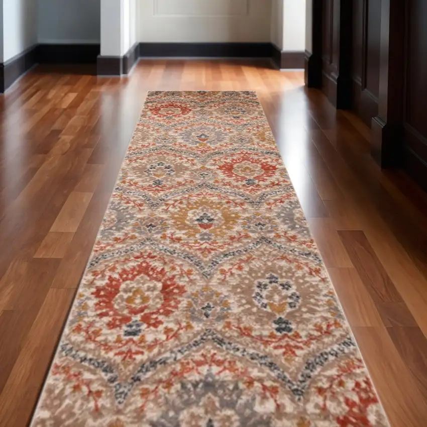 10' Orange And Ivory Floral Runner Rug Photo 1