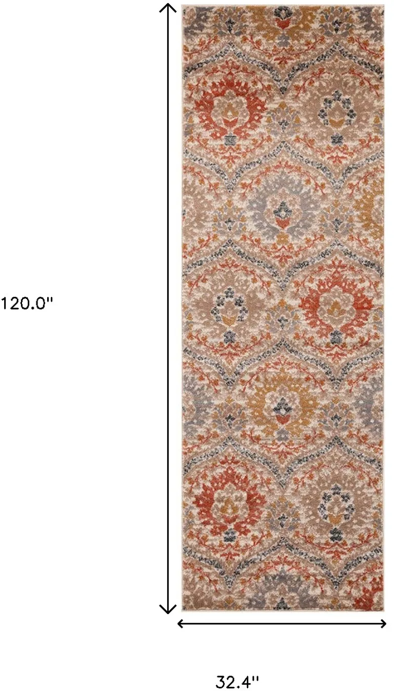 10' Ivory Orange And Gray Floral Stain Resistant Runner Rug Photo 5